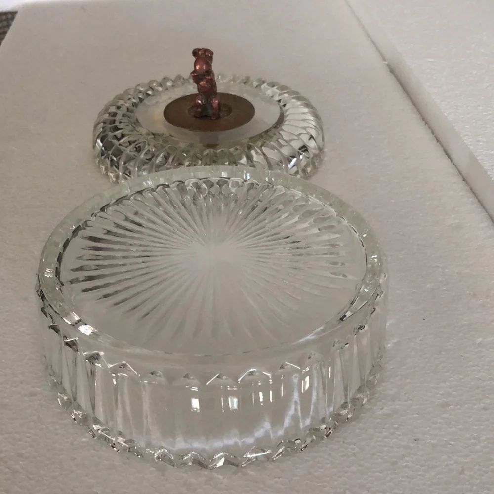 Vintage Glass Crystal Trinket Bowl w/Lid, Brass Dog Handle w/Copper Floral Plate